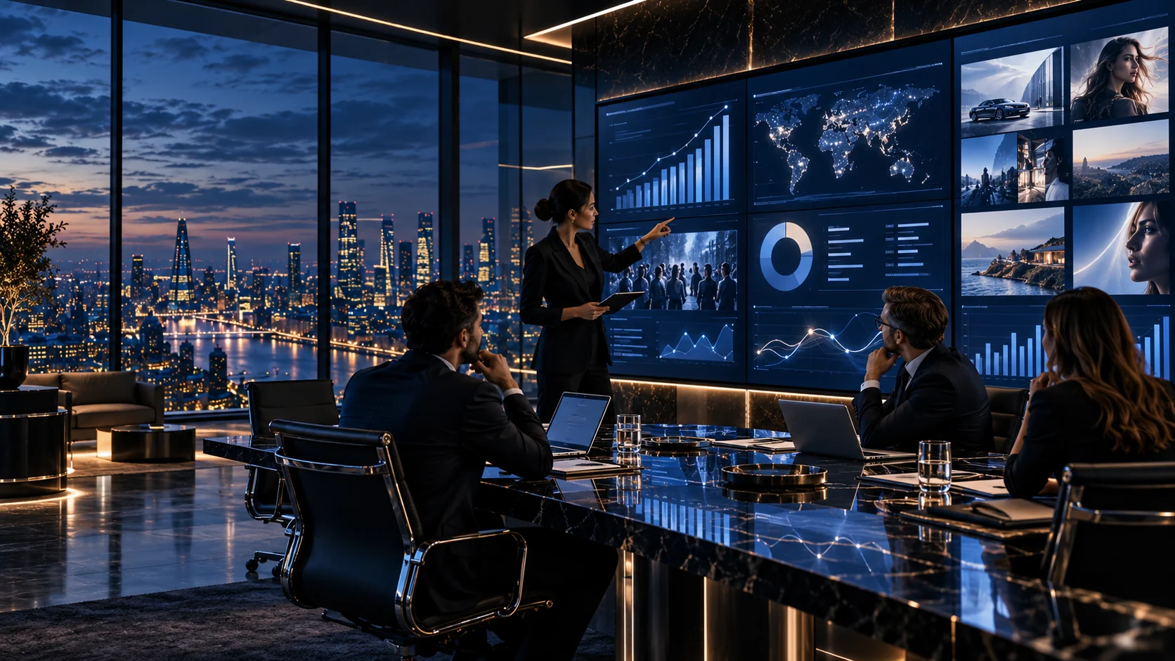 Escena conceptual de estrategia comercial con un equipo y visualizaciones de marketing.