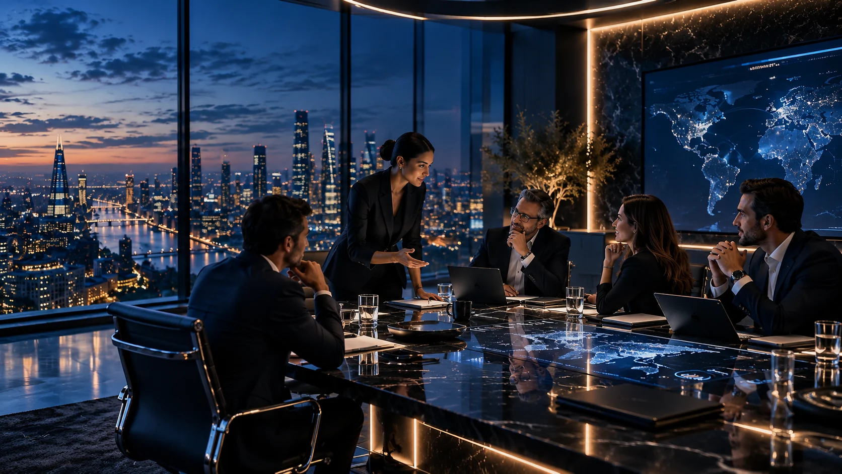 Escena conceptual de un equipo ejecutivo compartiendo perspectivas alrededor de una mesa.